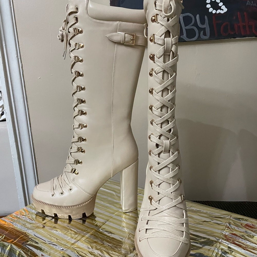 Women's Cream Lace-Up Platform Knee-High Boots with Gold Accents
